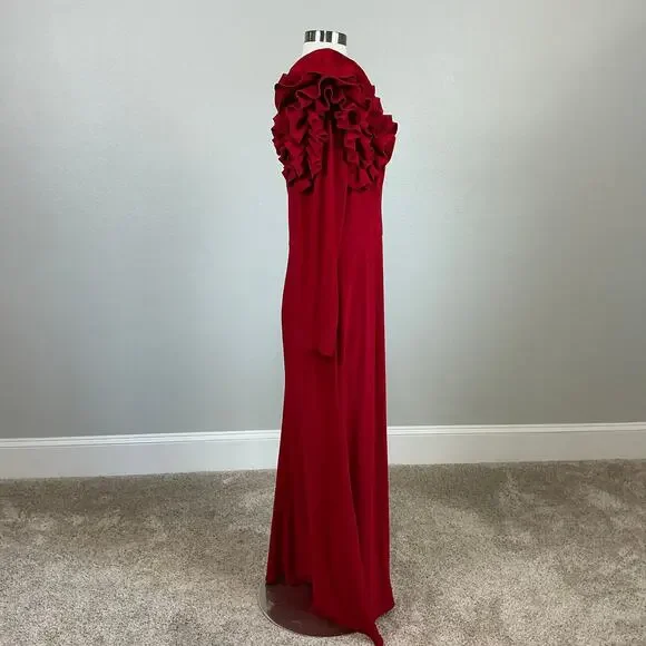 XSCAPE One Shoulder Long Sleeve Evening Gown Colorful Red Size 12P Formal Dress - Picture 4 of 12